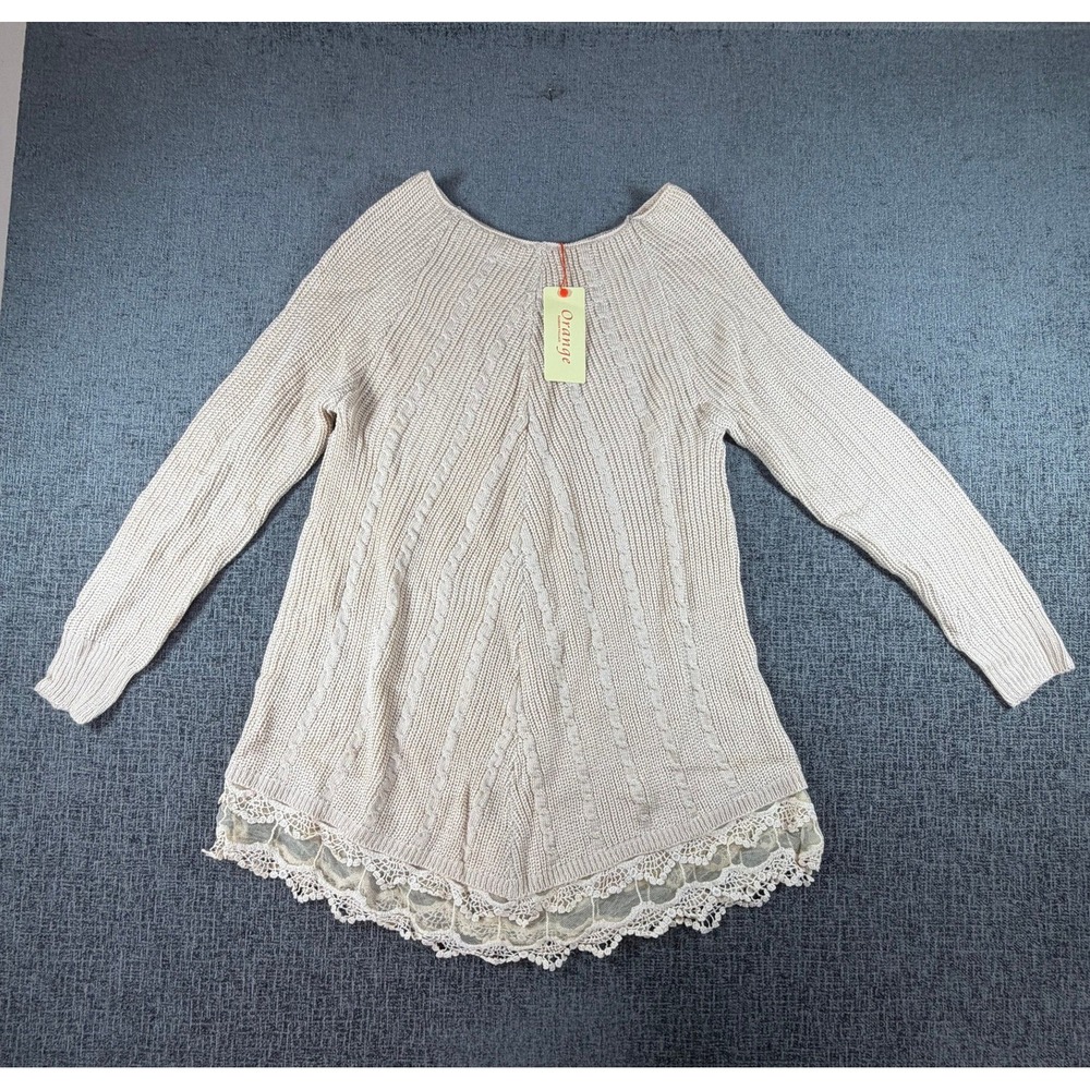 Orange Fashion Village Beige Cable Knit Lace Trim Sweater 9072 OS NWT